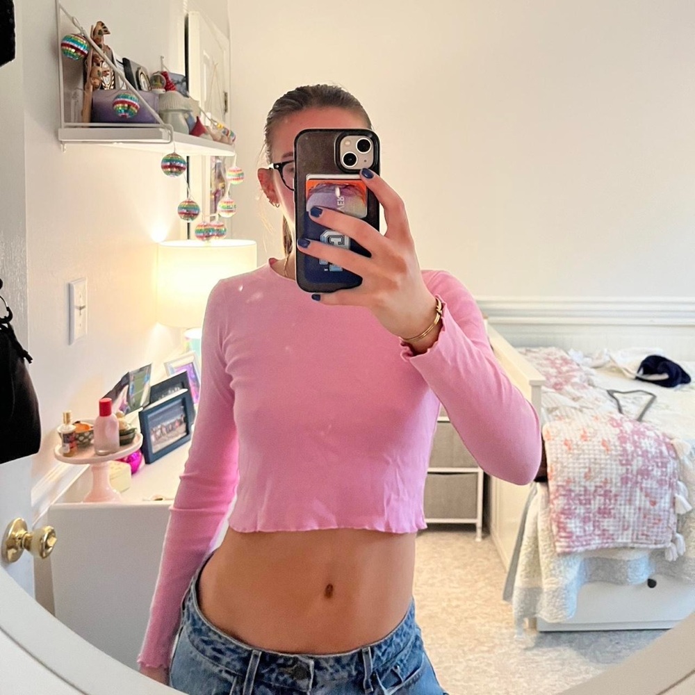 Brandy Melville Ribbed Pink Long Sleeve Crop Top